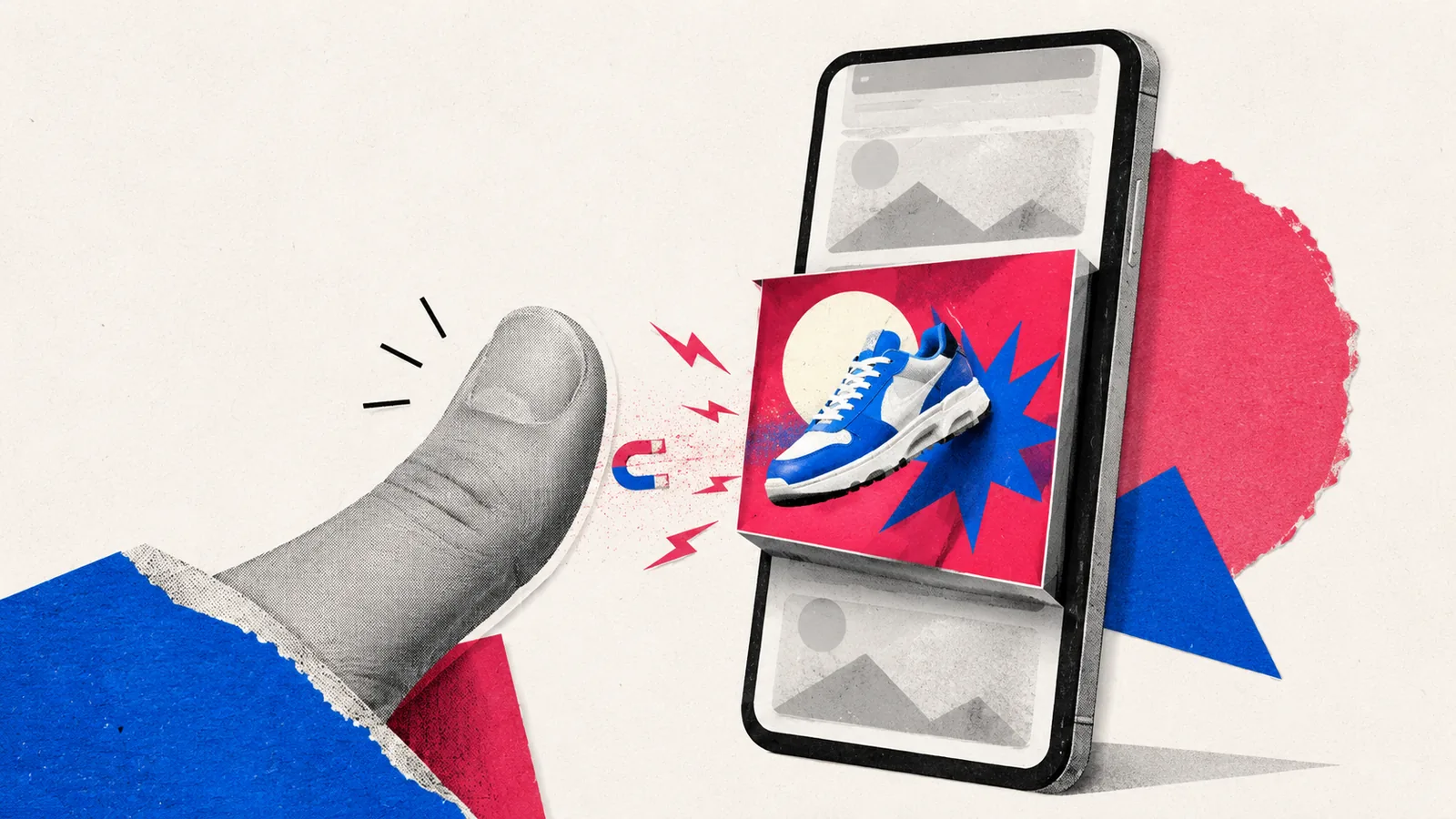 Ilustración de un pulgar frenando el scroll en un teléfono donde un anuncio destaca con un imán y rayos