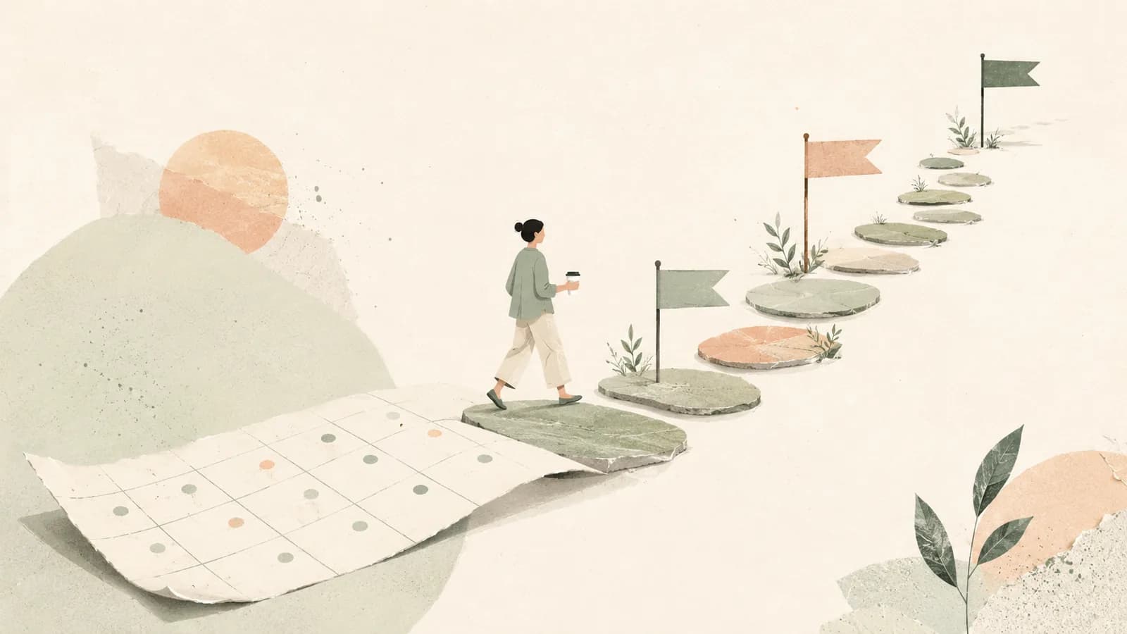 Ilustración de una persona caminando con un café por un sendero de piedras que sale de un calendario, con banderas de hitos