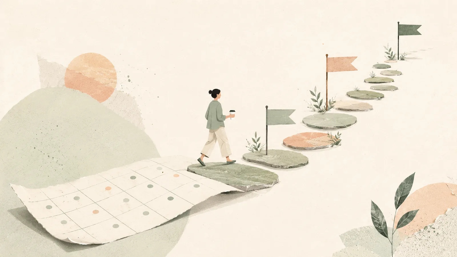 Ilustración de una persona caminando con un café por un sendero de piedras que sale de un calendario, con banderas de hitos