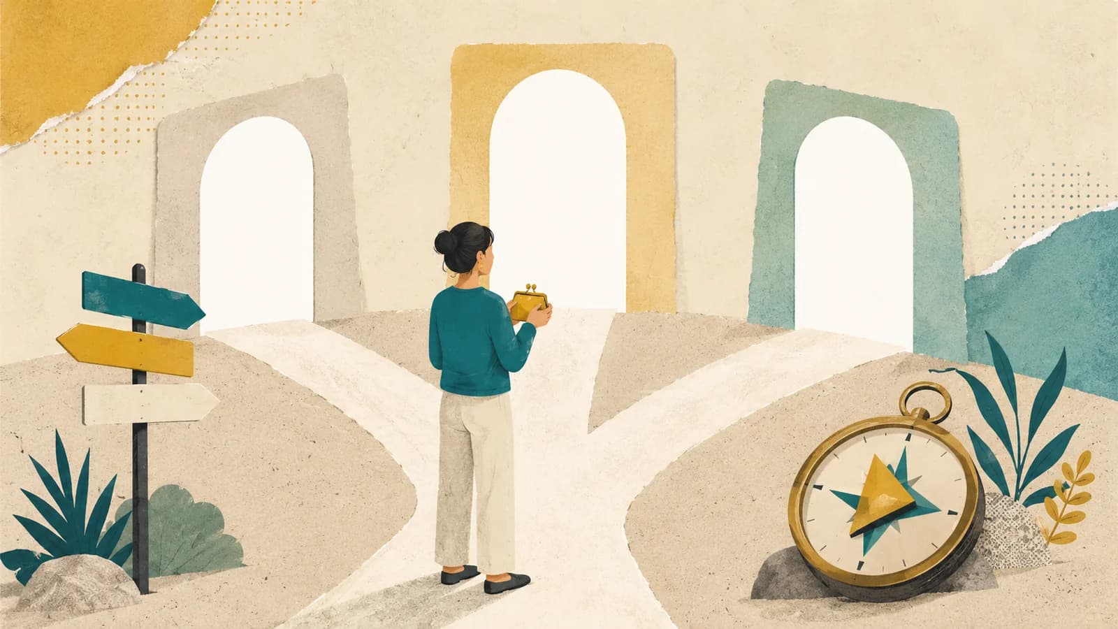 Ilustración de una persona frente a tres puertas en una encrucijada, con un cartel de direcciones y una brújula
