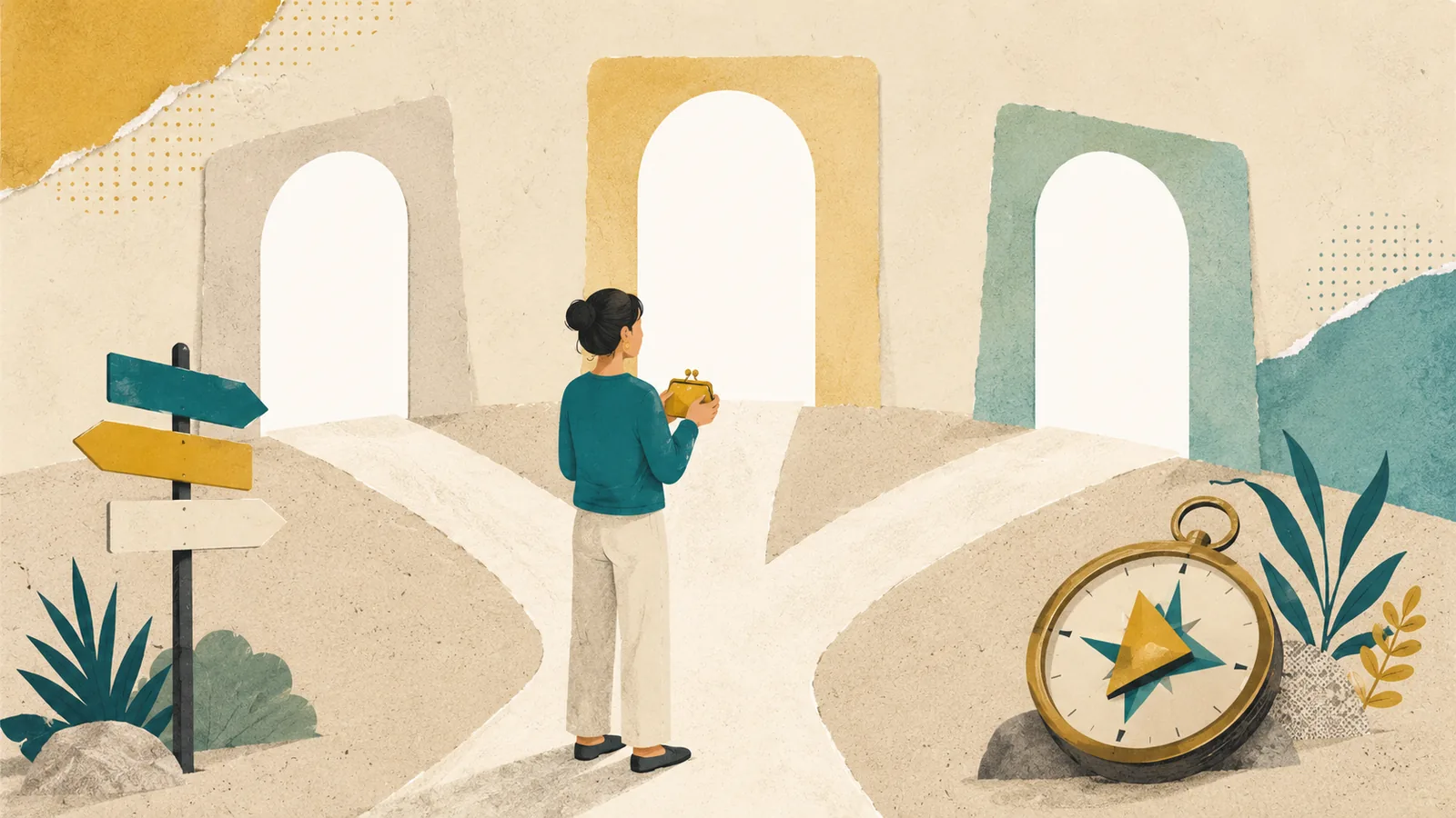 Ilustración de una persona frente a tres puertas en una encrucijada, con un cartel de direcciones y una brújula