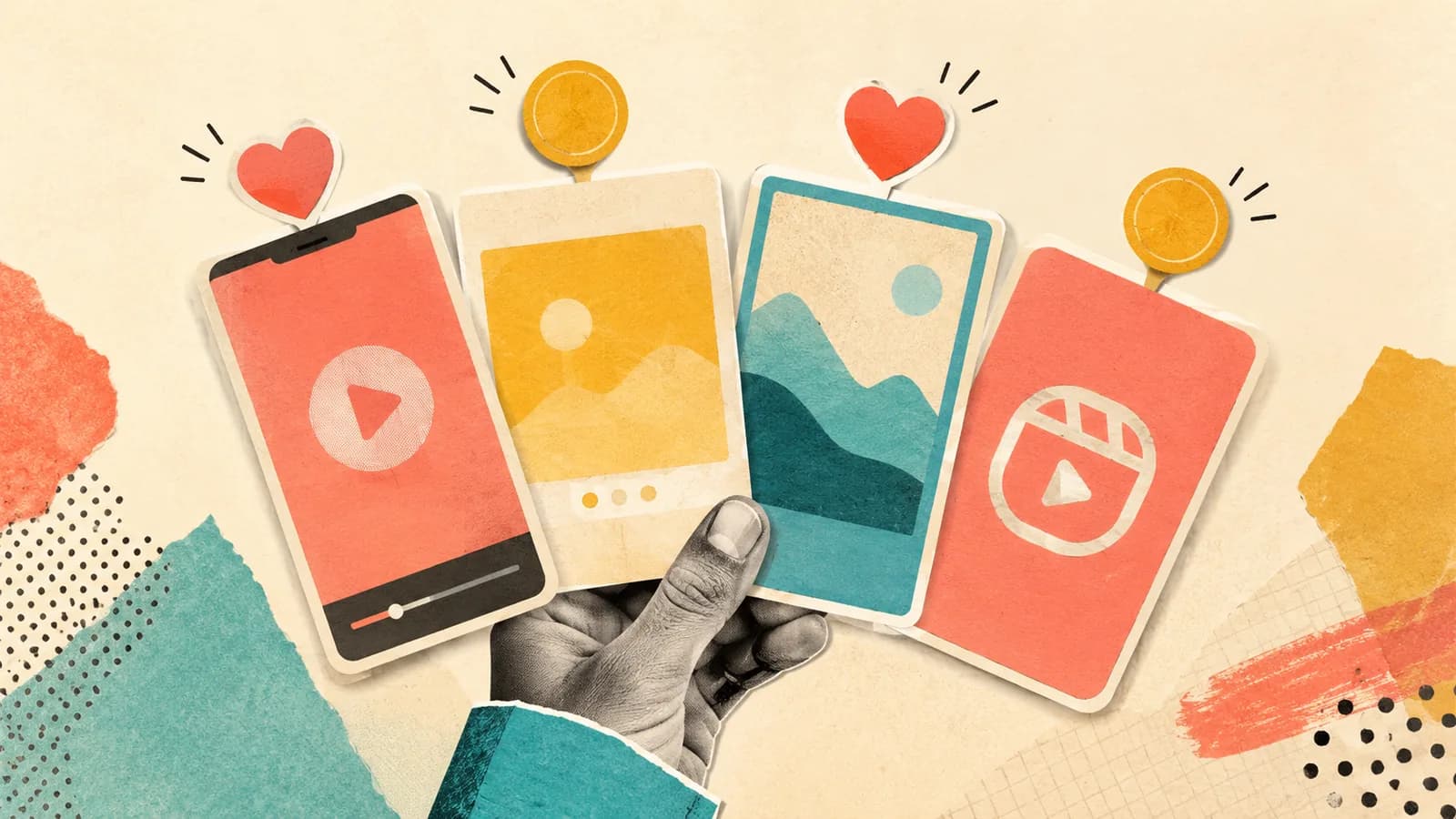 Ilustración de una mano sosteniendo cuatro tarjetas de formatos de contenido con corazones
