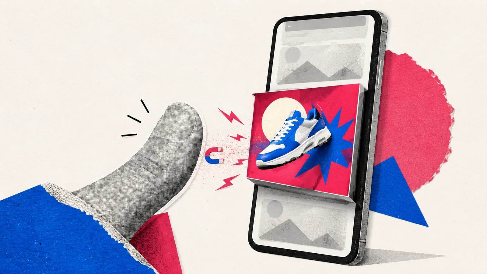 Ilustración de un pulgar frenando el scroll en un teléfono donde un anuncio destaca con un imán y rayos