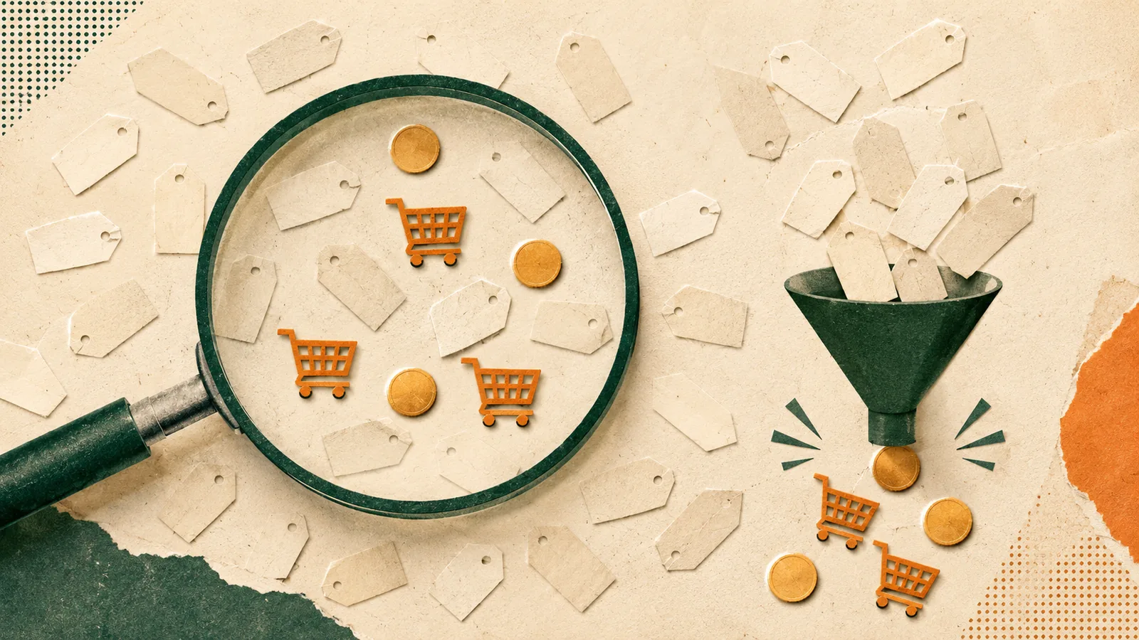 Ilustración de una lupa sobre etiquetas de papel, algunas convertidas en carritos y monedas, junto a un embudo