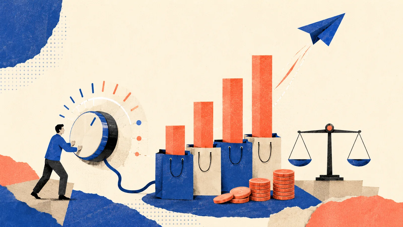 Ilustración de una persona girando un dial que impulsa barras crecientes sobre bolsas de compra y monedas, con una balanza y un avión de papel
