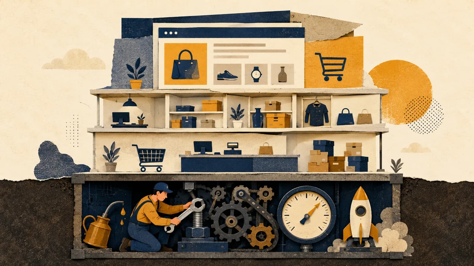 Ilustración del corte transversal de una tienda online con una persona ajustando engranajes y un medidor en alza bajo la superficie
